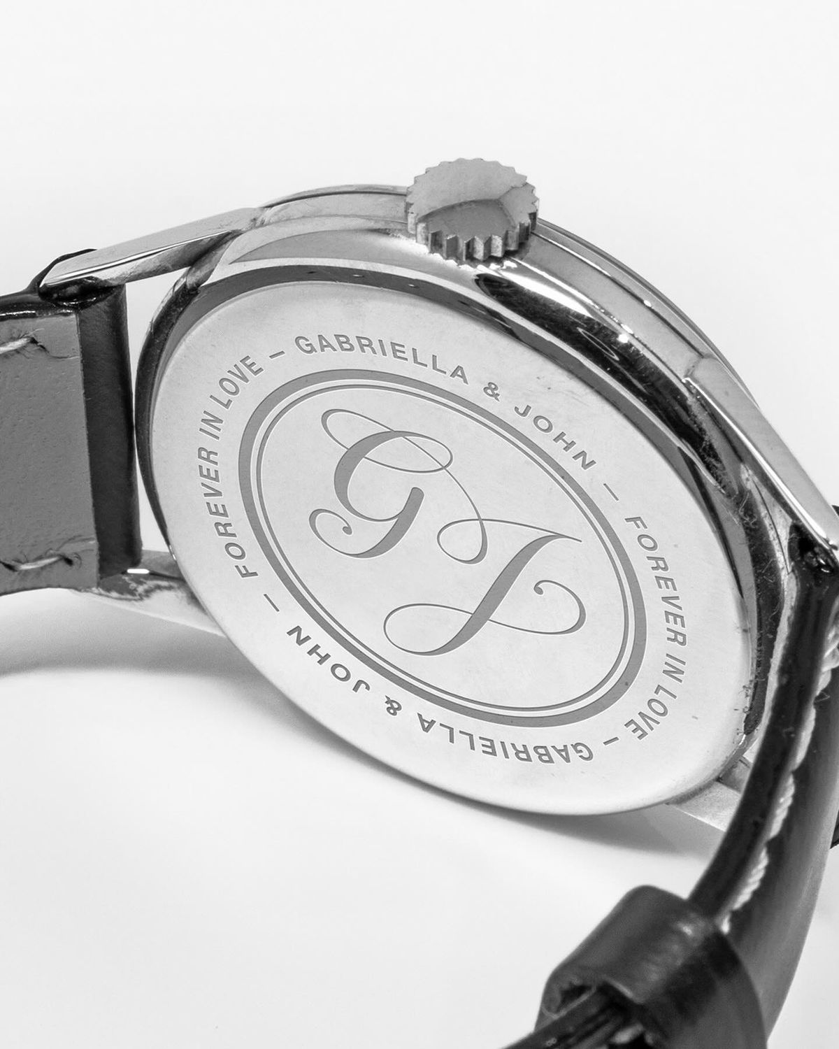 Engraved watch caseback with custom monogram